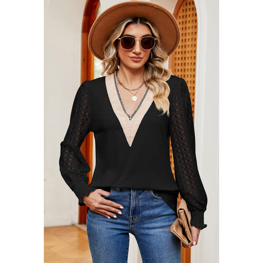 Openwork V - Neck Long Sleeve T - Shirt Black / S Apparel and Accessories