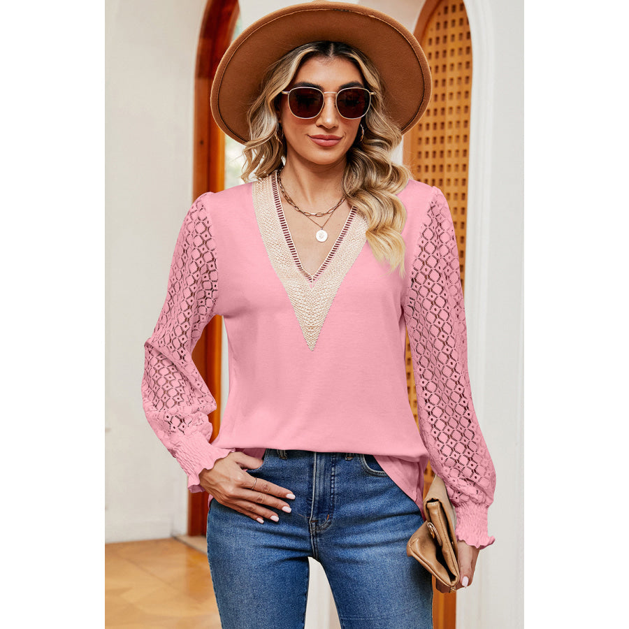 Openwork V - Neck Long Sleeve T - Shirt Blush Pink / S Apparel and Accessories