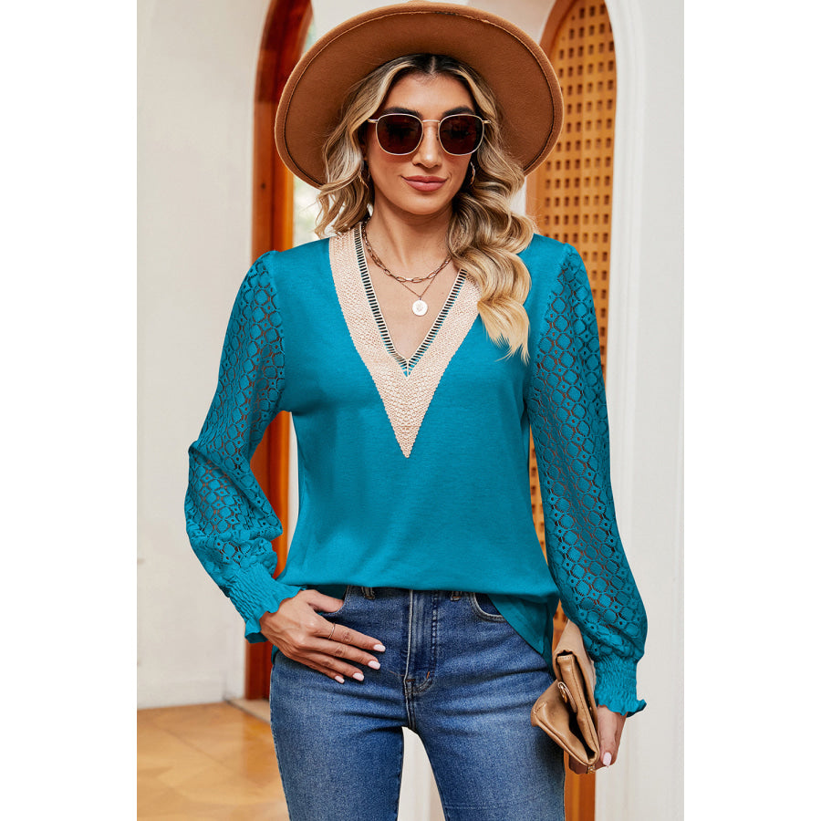Openwork V - Neck Long Sleeve T - Shirt Teal / S Apparel and Accessories