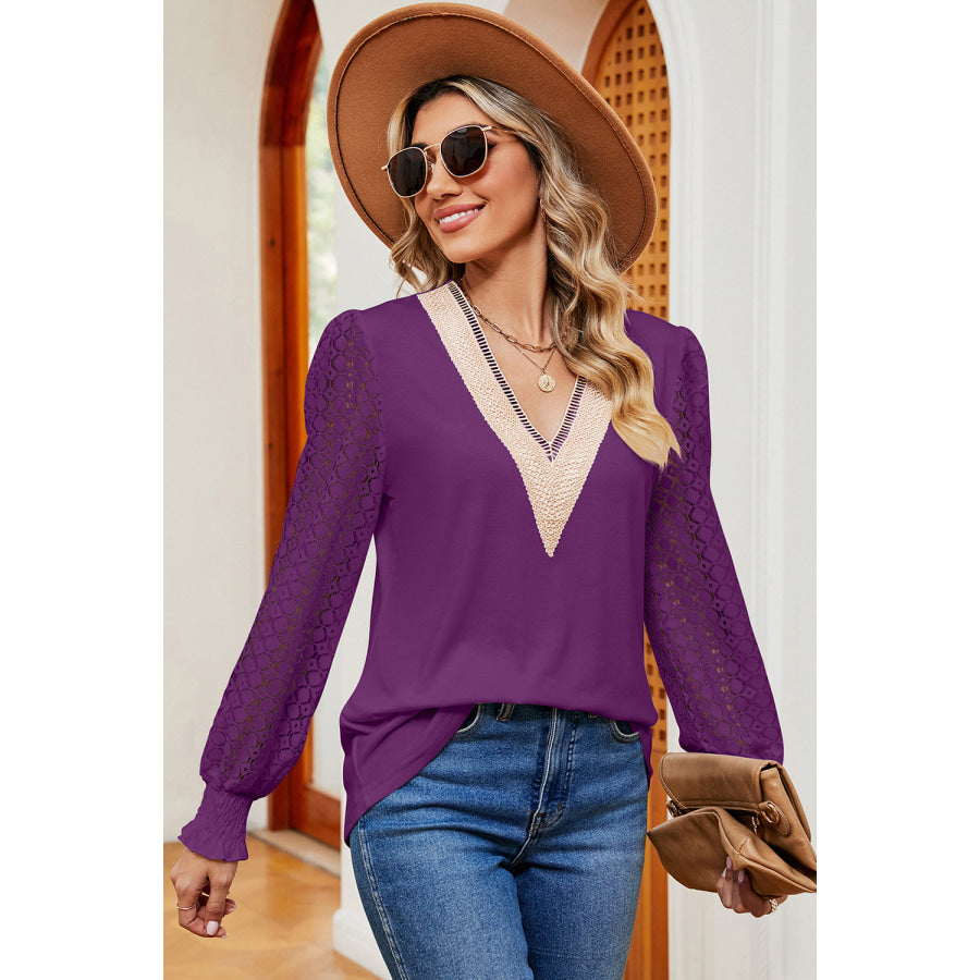 Openwork V - Neck Long Sleeve T - Shirt Violet / S Apparel and Accessories