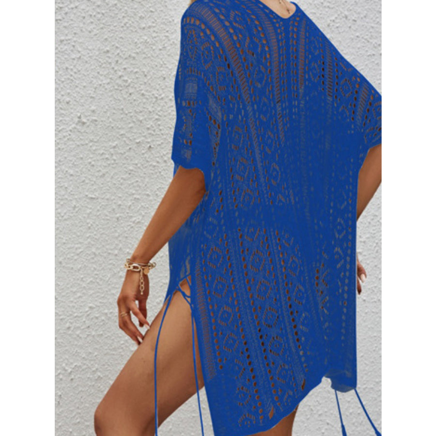 Openwork V - Neck Short Sleeve Cover Up Apparel and Accessories