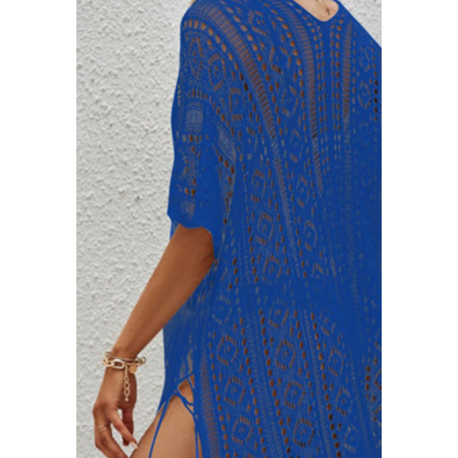 Openwork V - Neck Short Sleeve Cover Up Apparel and Accessories