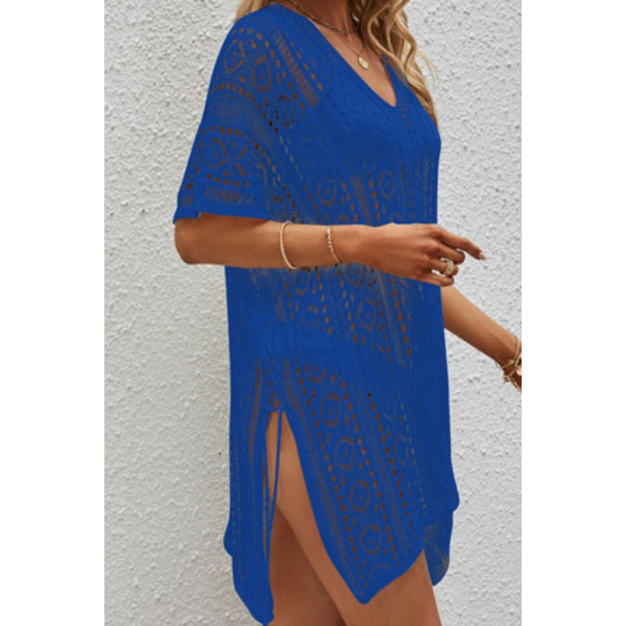 Openwork V - Neck Short Sleeve Cover Up Royal Blue / One Size Apparel and Accessories