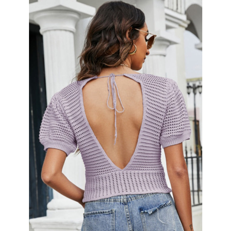 Openwork V - Neck Short Sleeve Knit Top Apparel and Accessories