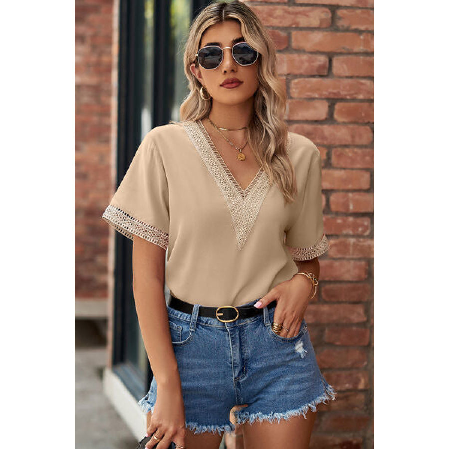 Openwork V - Neck Short Sleeve T - Shirt Apparel and Accessories