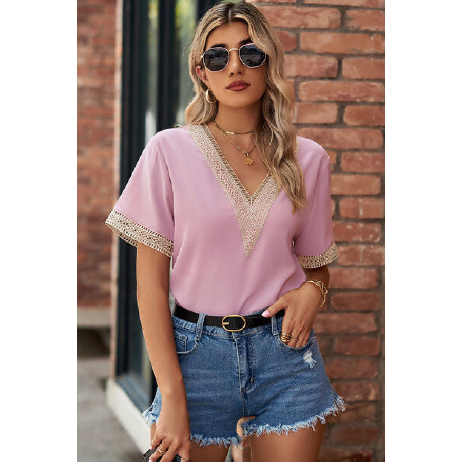 Openwork V - Neck Short Sleeve T - Shirt Apparel and Accessories