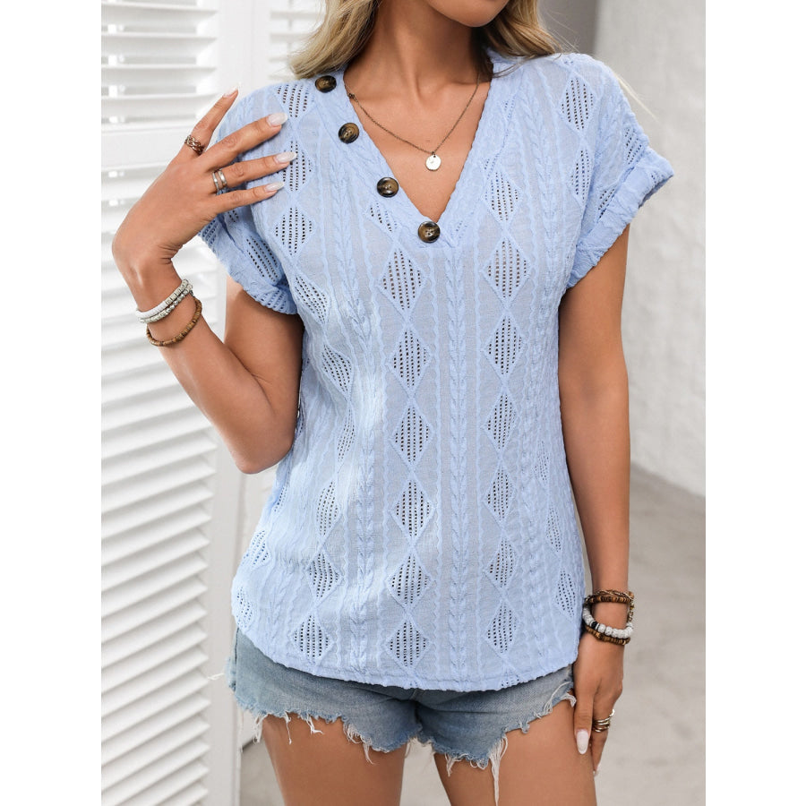 Openwork V-Neck Short Sleeve T-Shirt Apparel and Accessories