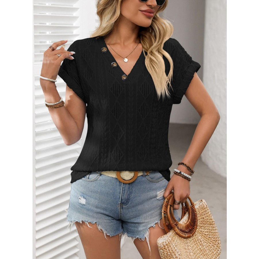 Openwork V-Neck Short Sleeve T-Shirt Apparel and Accessories