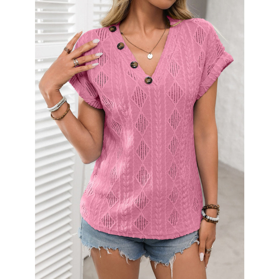 Openwork V-Neck Short Sleeve T-Shirt Apparel and Accessories
