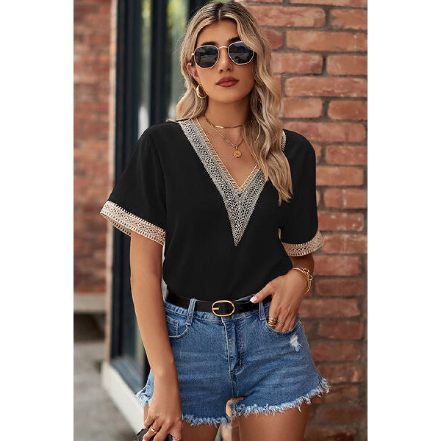 Openwork V - Neck Short Sleeve T - Shirt Apparel and Accessories