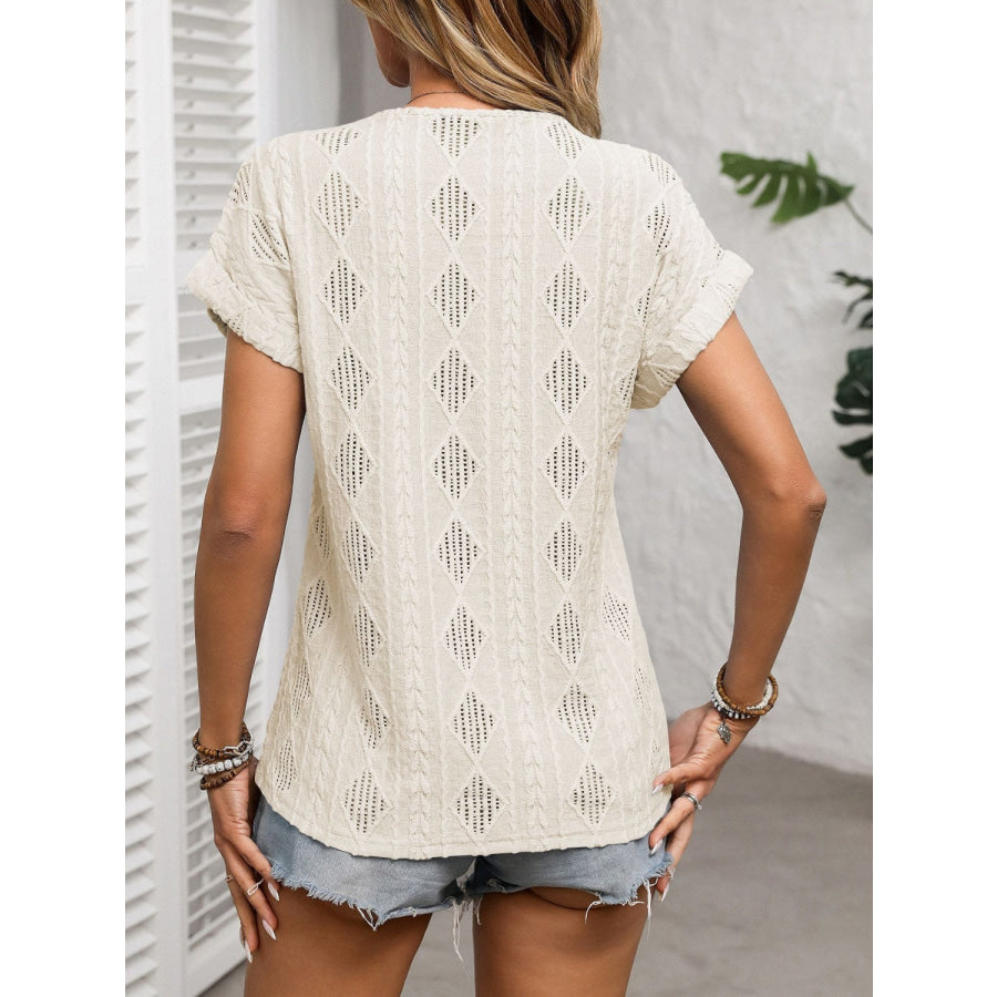 Openwork V-Neck Short Sleeve T-Shirt Apparel and Accessories