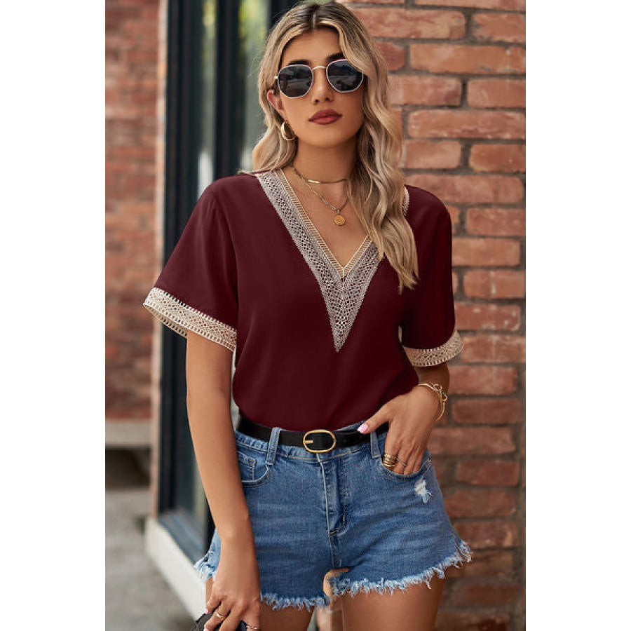 Openwork V - Neck Short Sleeve T - Shirt Wine / S Apparel and Accessories