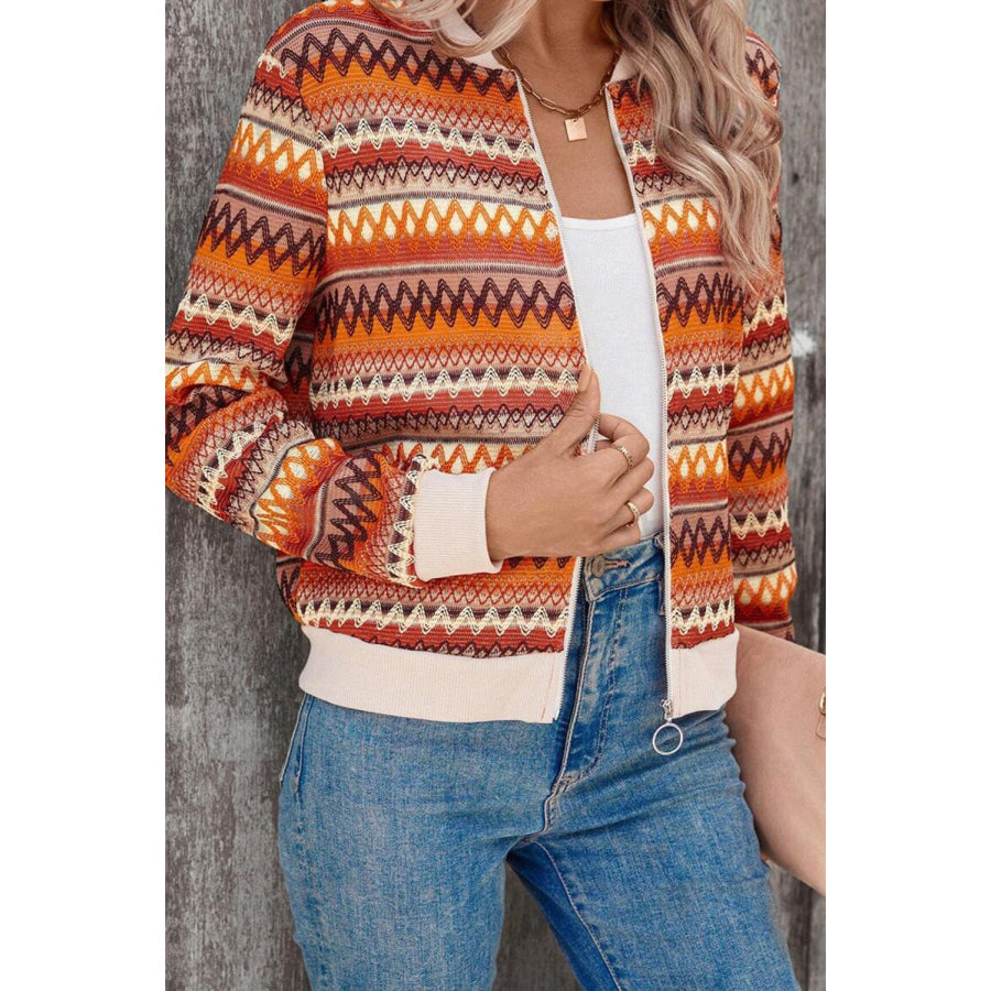 Orange Boho Striped Zip Up Long Sleeve Jacket Outerwear/Jackets