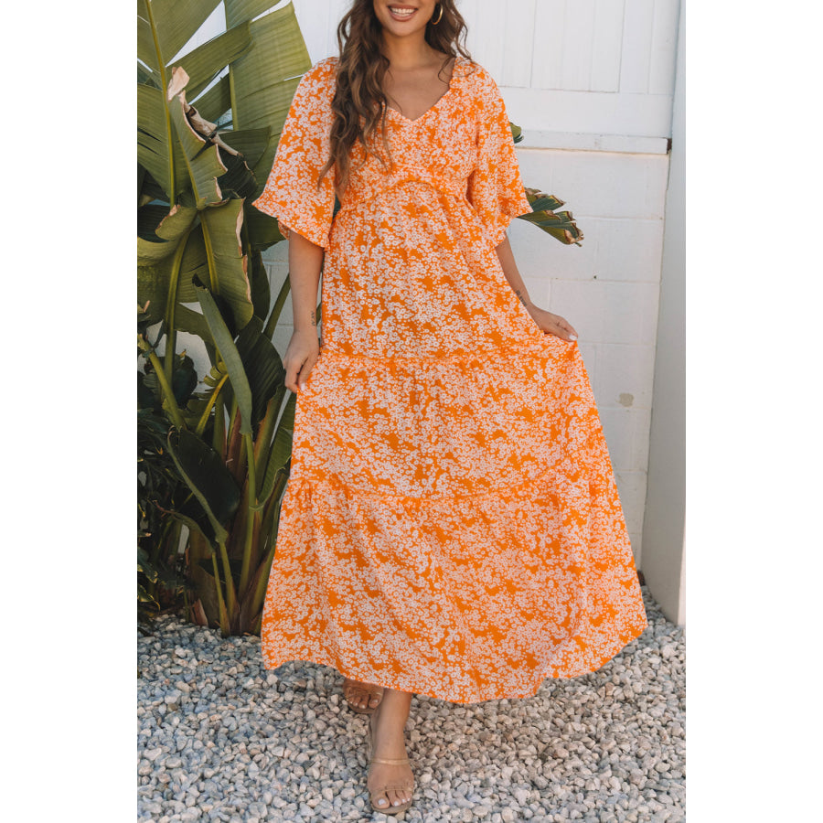 Orange Floral Print Smocked V Neck Wide Sleeve Maxi Dress Dresses/Floral Dresses