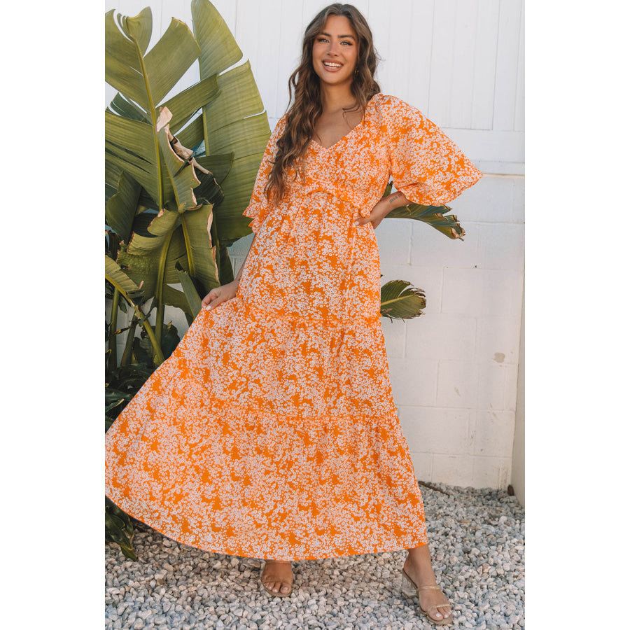 Orange Floral Print Smocked V Neck Wide Sleeve Maxi Dress Dresses/Floral Dresses