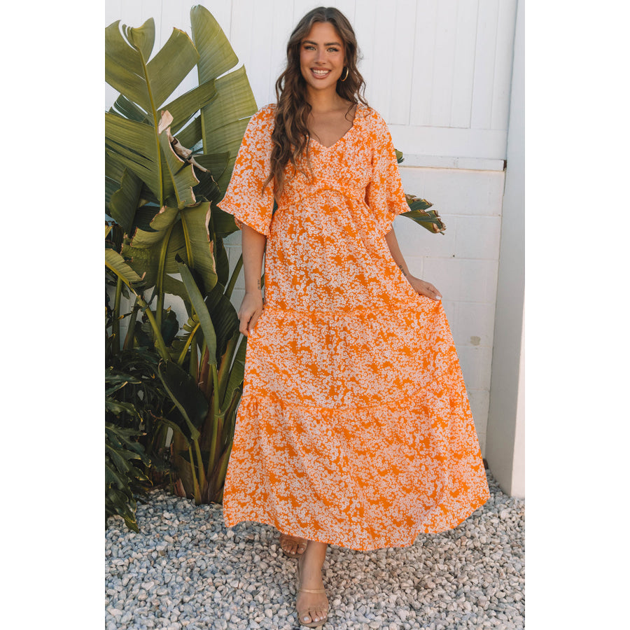 Orange Floral Print Smocked V Neck Wide Sleeve Maxi Dress Dresses/Floral Dresses