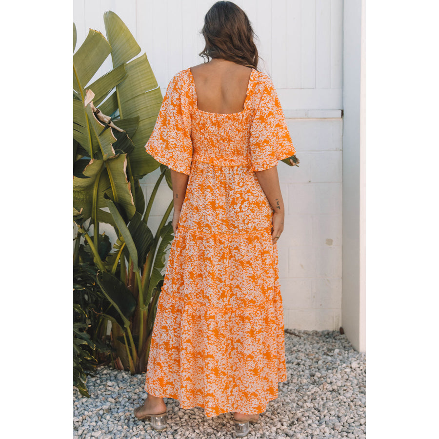 Orange Floral Print Smocked V Neck Wide Sleeve Maxi Dress Dresses/Floral Dresses