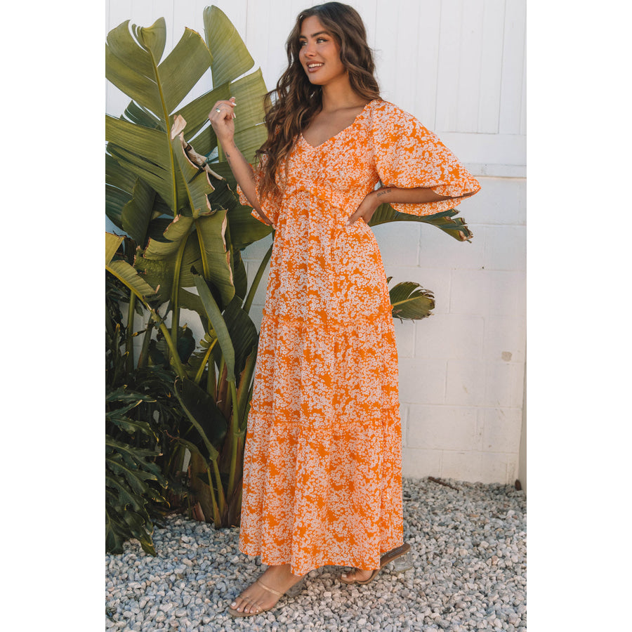 Orange Floral Print Smocked V Neck Wide Sleeve Maxi Dress Dresses/Floral Dresses