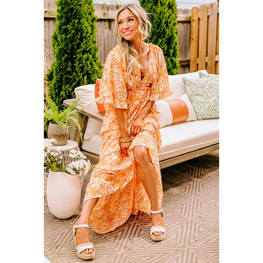 Orange Floral Print Smocked V Neck Wide Sleeve Maxi Dress Dresses/Floral Dresses