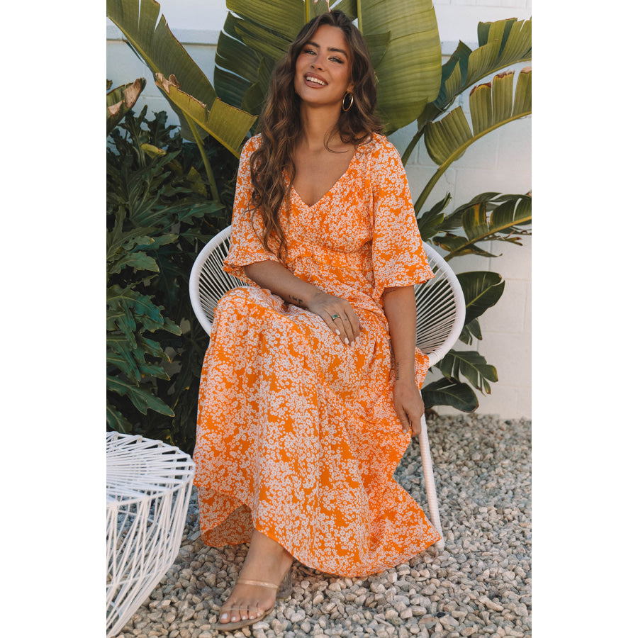 Orange Floral Print Smocked V Neck Wide Sleeve Maxi Dress Dresses/Floral Dresses