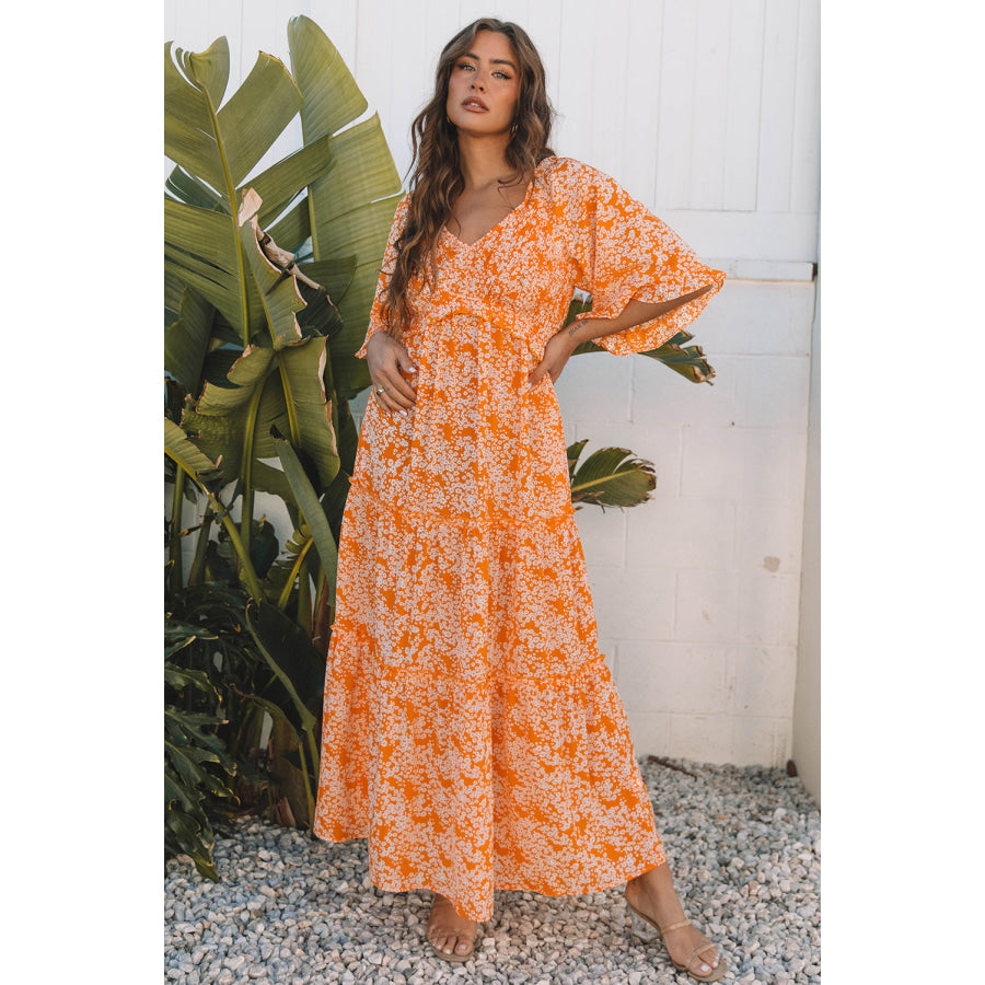 Orange Floral Print Smocked V Neck Wide Sleeve Maxi Dress Dresses/Floral Dresses