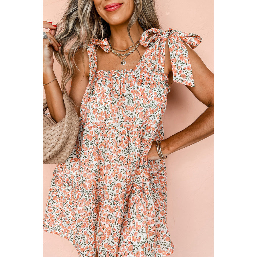 Orange Rose Floral Knotted Straps Tiered Babydoll Dress Dresses/Floral Dresses