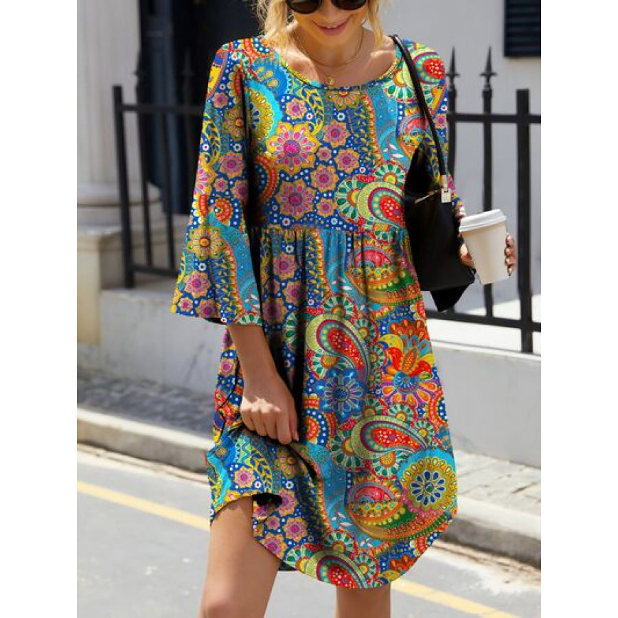 Paisley Print Round Neck Three - Quarter Sleeve Dress Multicolor / S Apparel and Accessories