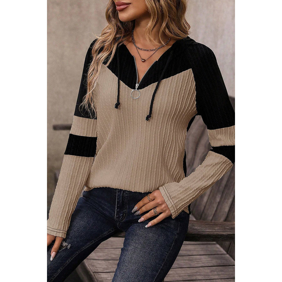 Parchment Textured Colorblock Long Sleeve Quarter Zip Drawstring Hooded Top Tops/Long Sleeve Tops