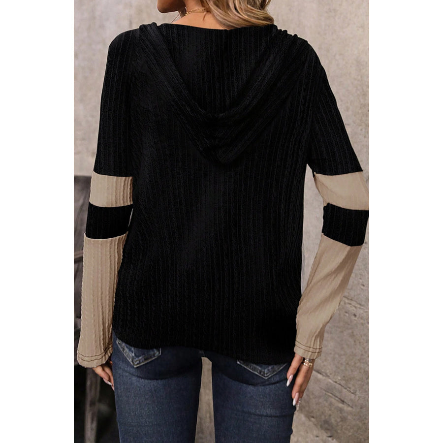 Parchment Textured Colorblock Long Sleeve Quarter Zip Drawstring Hooded Top Tops/Long Sleeve Tops