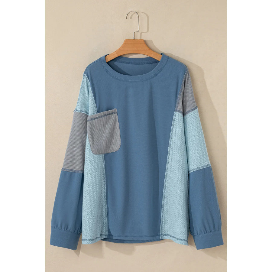 Patchwork Color Block Round Neck Long Sleeve Top Apparel and Accessories