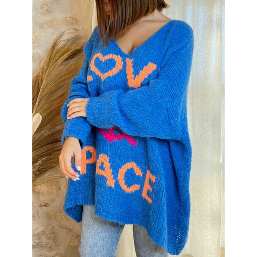 Peace Graphic V-Neck Long Sleeve Sweater Apparel and Accessories