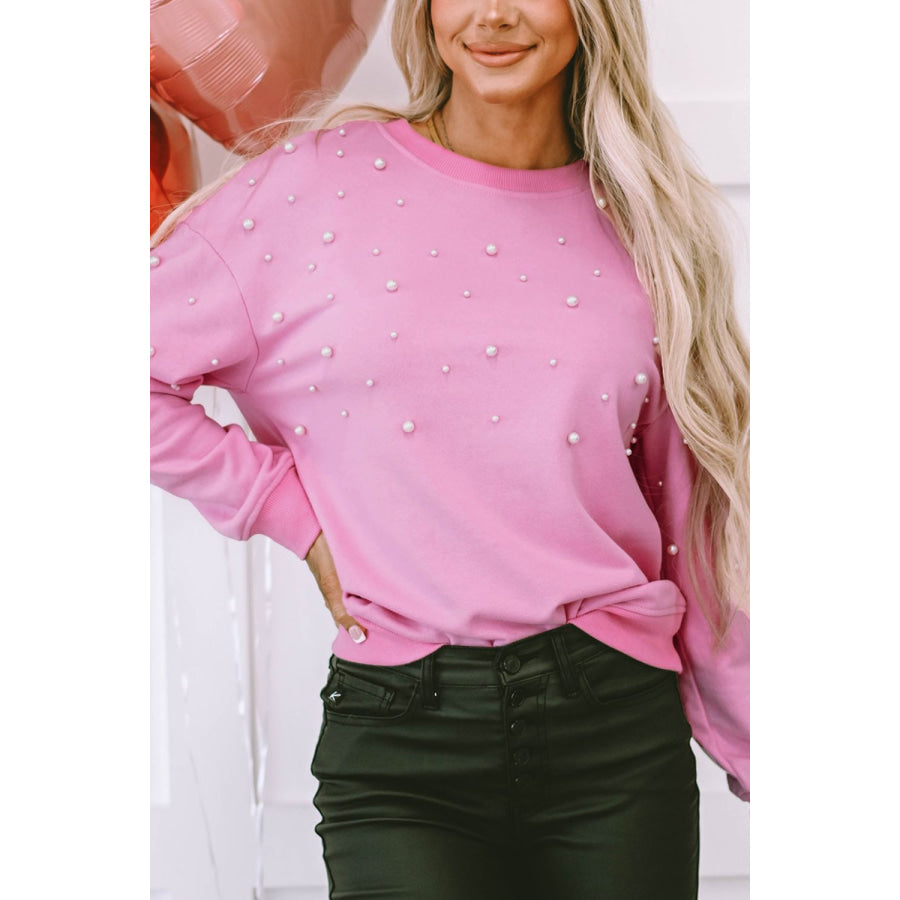 Pearl Detail Ribbed Round Neck Sweatshirt Apparel and Accessories