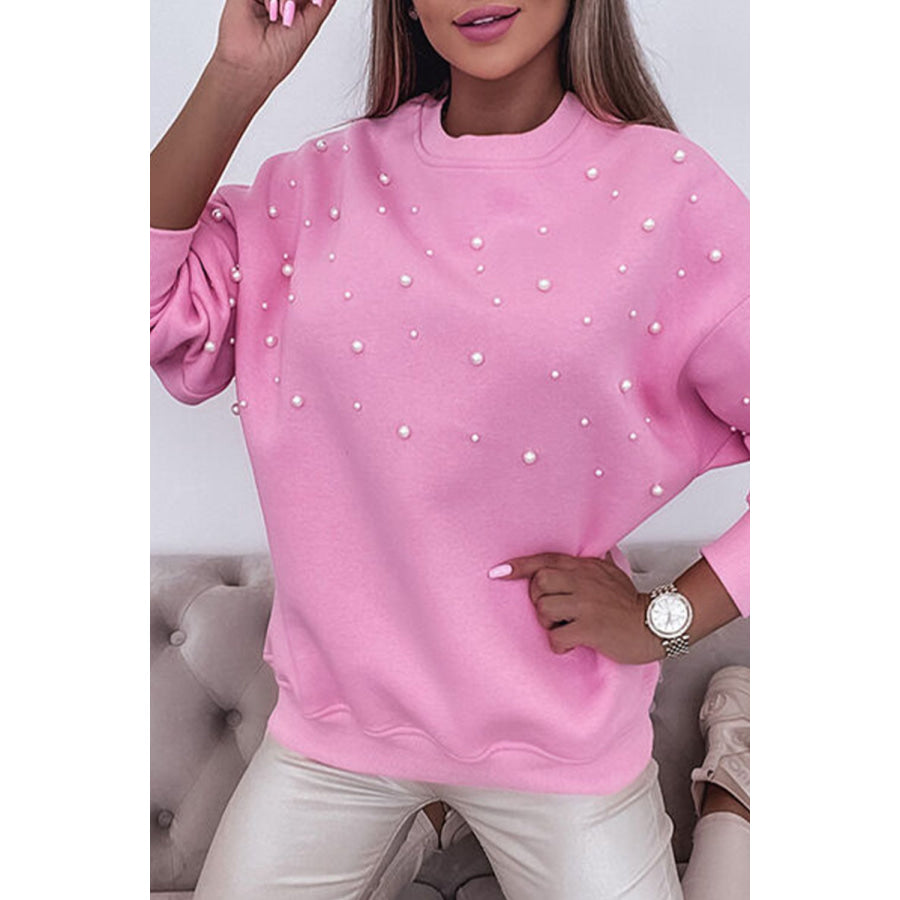 Pearl Detail Ribbed Round Neck Sweatshirt Apparel and Accessories