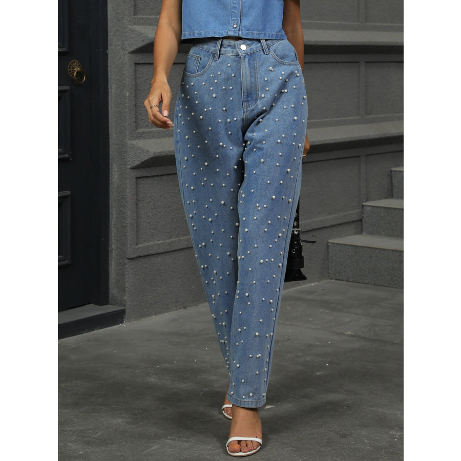 Pearl Detail Straight Jeans with Pockets Apparel and Accessories