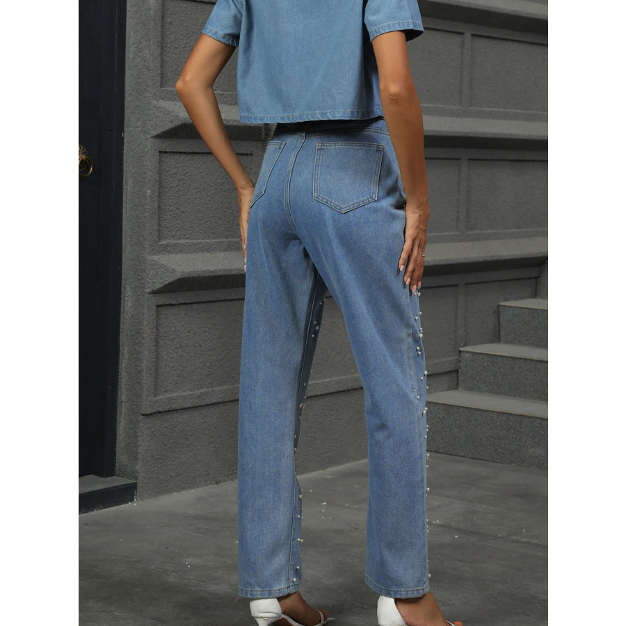 Pearl Detail Straight Jeans with Pockets Apparel and Accessories