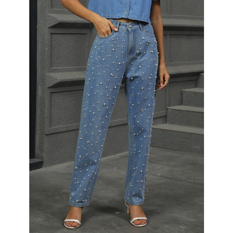 Pearl Detail Straight Jeans with Pockets Apparel and Accessories