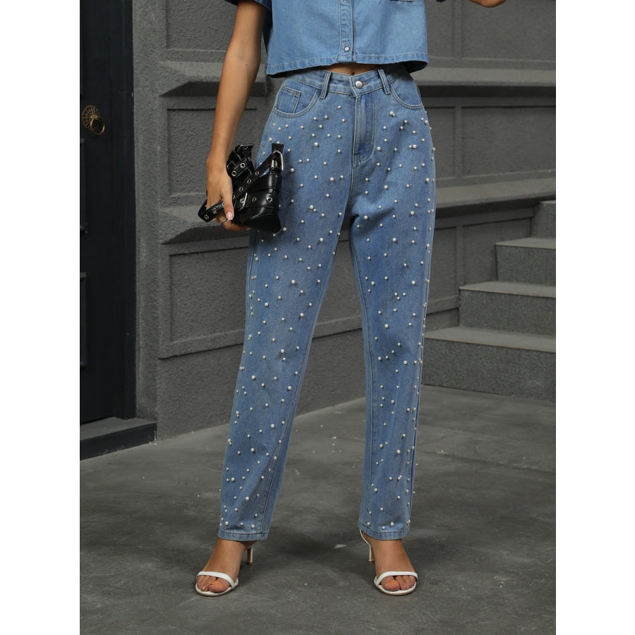 Pearl Detail Straight Jeans with Pockets Apparel and Accessories