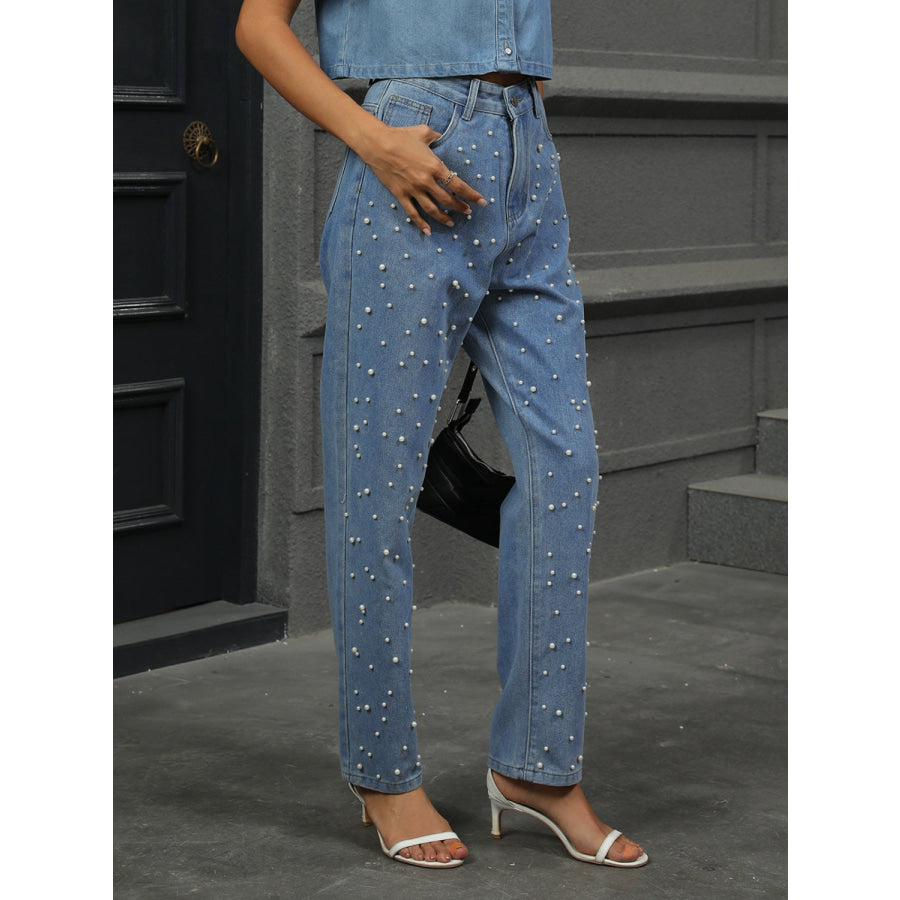 Pearl Detail Straight Jeans with Pockets Apparel and Accessories