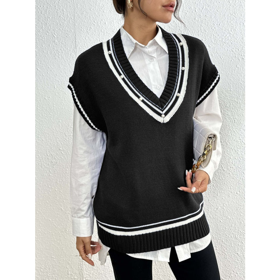 Pearl Trim Contrast V-Neck Sweater Vest Apparel and Accessories