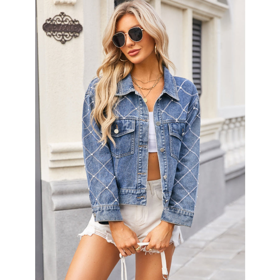 Pearl Trim Long Sleeve Denim Jacket Apparel and Accessories