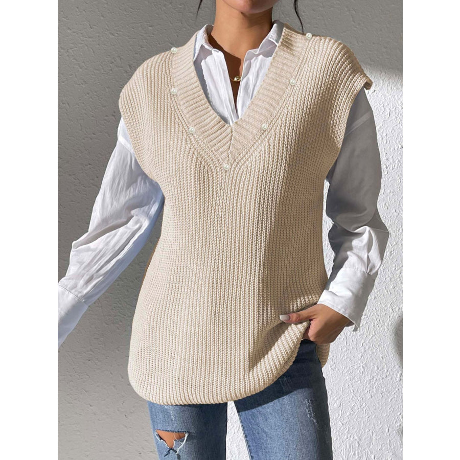 Pearl Trim V-Neck Sweater Vest Beige / One Size Apparel and Accessories