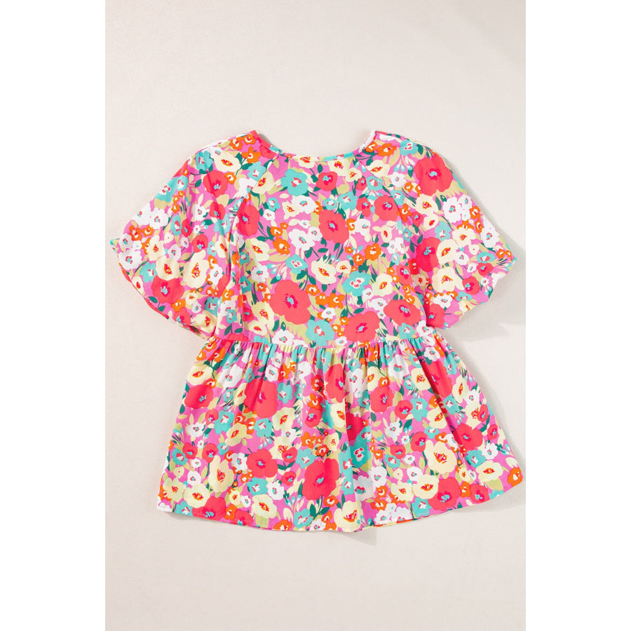 Peplum Floral V-Neck Short Sleeve Blouse Apparel and Accessories