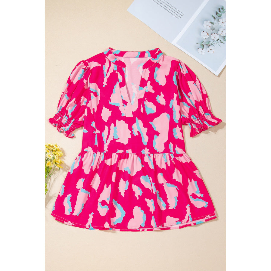 Peplum Printed Notched Short Sleeve Blouse Apparel and Accessories