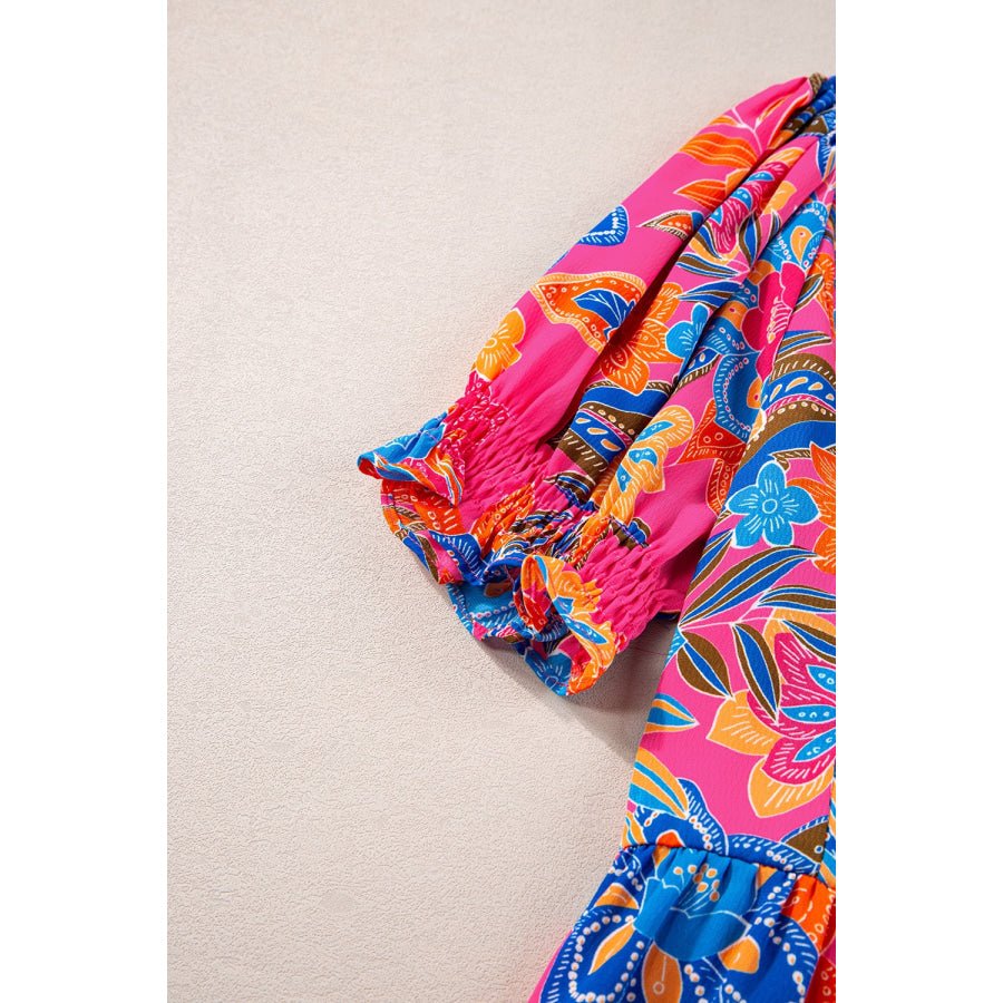 Peplum Printed Notched Short Sleeve Blouse Apparel and Accessories