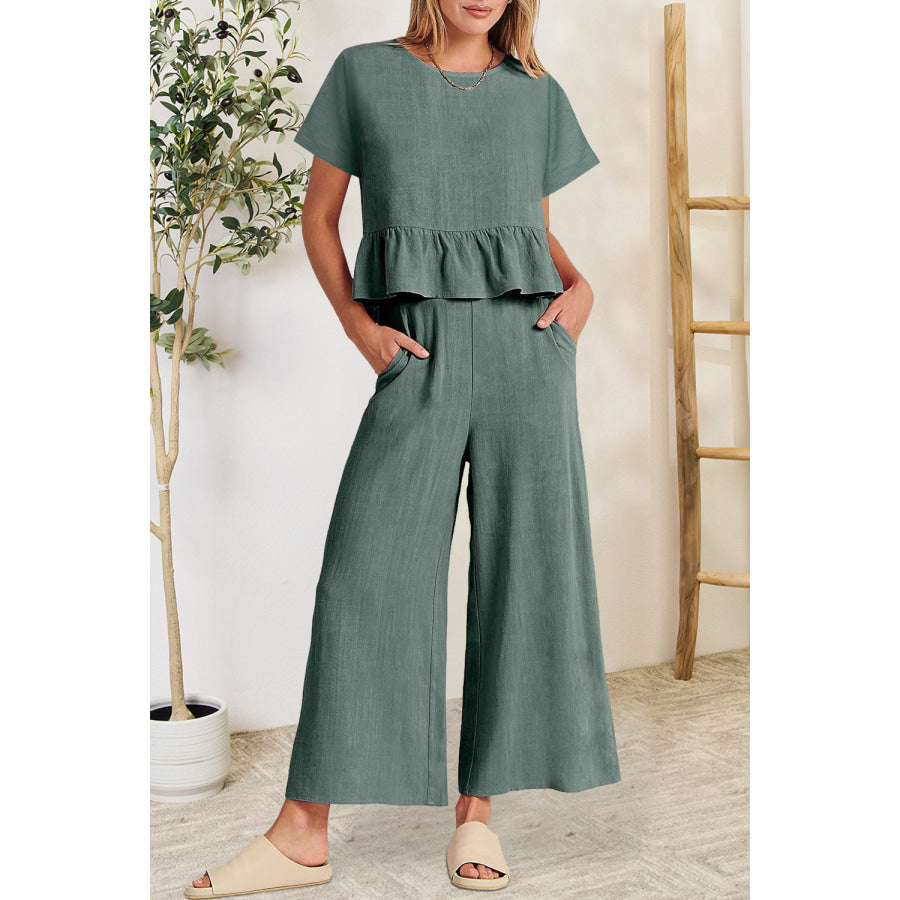 Peplum Round Neck Short Sleeve Top and Pants Set Air Force Blue / S Apparel and Accessories