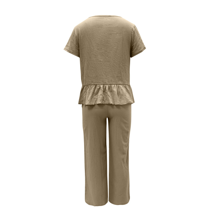 Peplum Round Neck Short Sleeve Top and Pants Set Apparel and Accessories