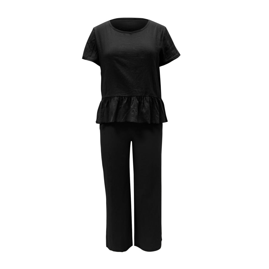Peplum Round Neck Short Sleeve Top and Pants Set Apparel and Accessories
