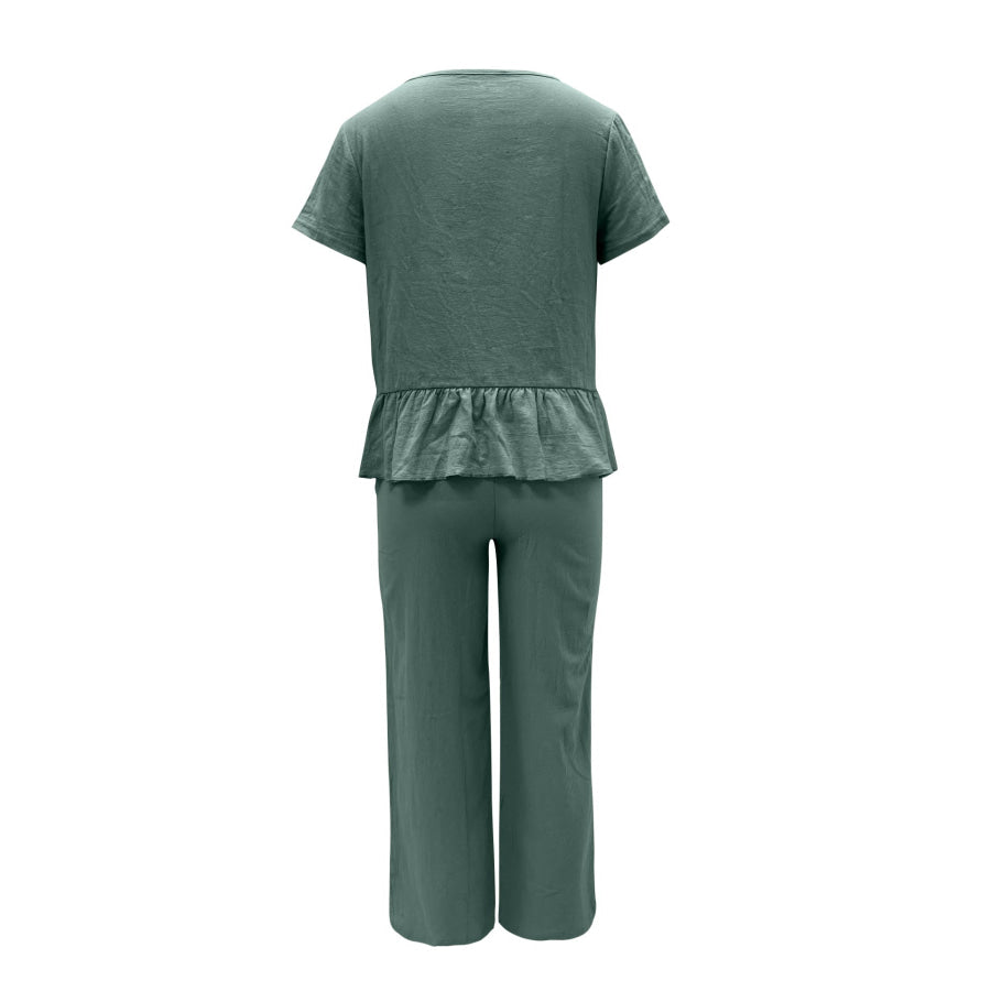 Peplum Round Neck Short Sleeve Top and Pants Set Apparel and Accessories