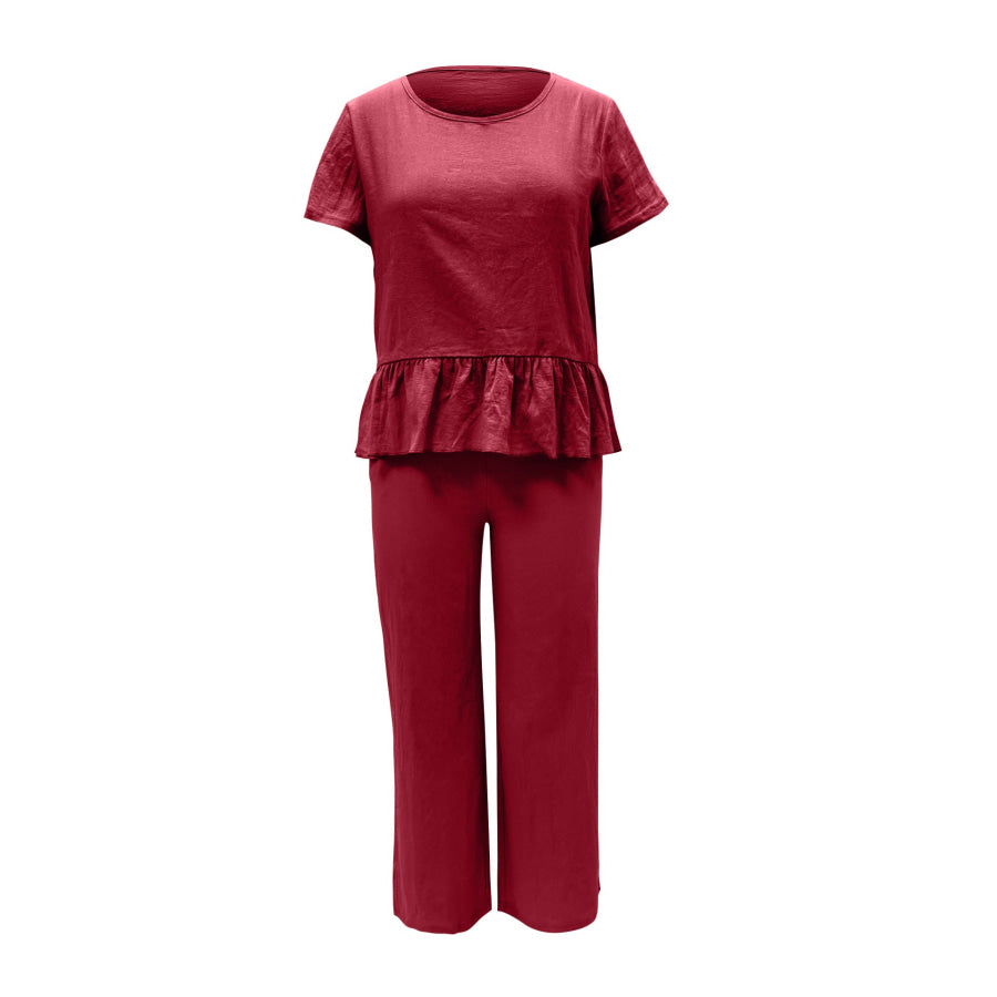Peplum Round Neck Short Sleeve Top and Pants Set Apparel and Accessories