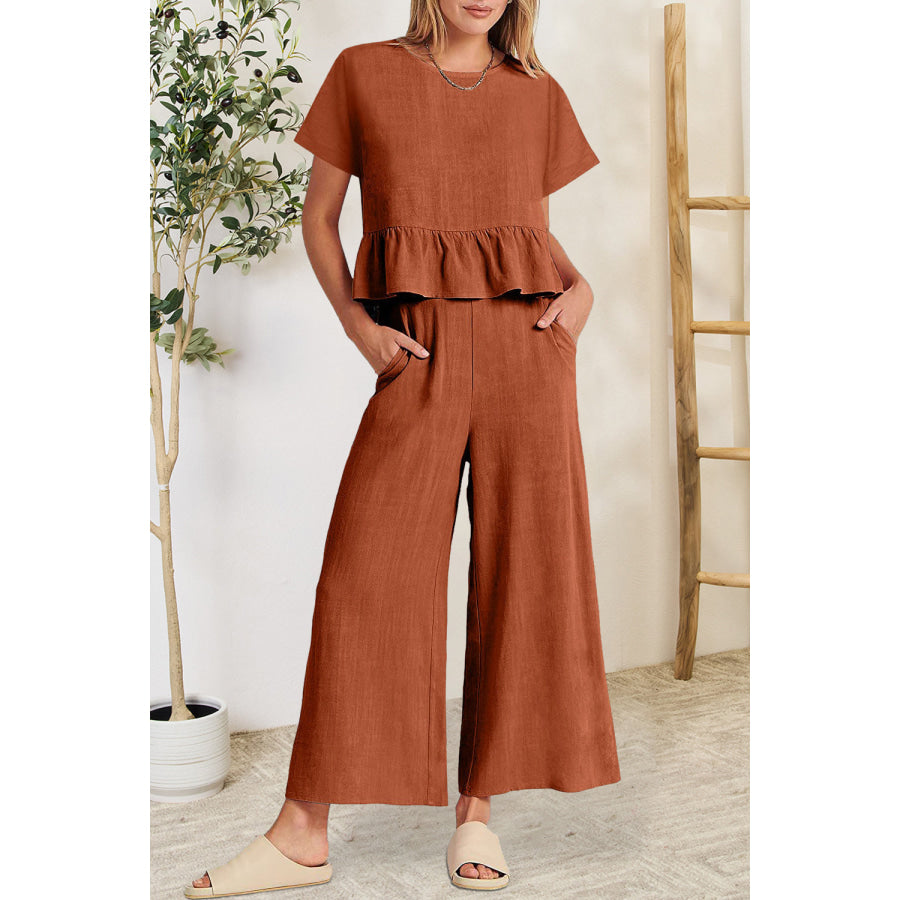 Peplum Round Neck Short Sleeve Top and Pants Set Brick Red / S Apparel and Accessories